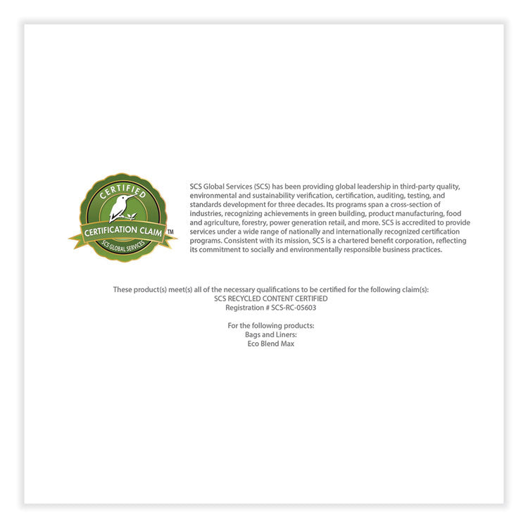 Eco Blend Max Can Liners, 23 gal, 0.8 mil, 28" x 45", Green, 25 Bags/Roll, 10 Rolls/Carton