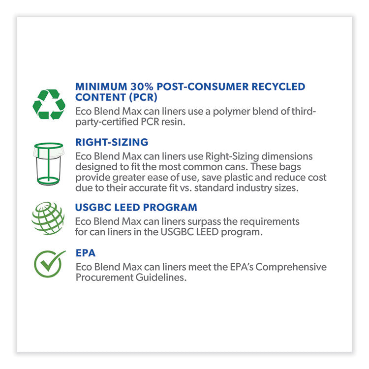 Eco Blend Max Can Liners, 33 gal, 0.8 mil, 33" x 39", Blue, 25 Bags/Roll, 8 Rolls/Carton