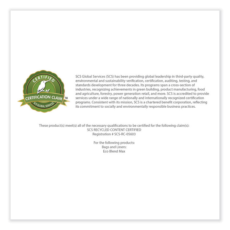 Eco Blend Max Can Liners, 45 gal, 0.8 mil, 40" x 46", Blue, 25 Bags/Roll, 6 Rolls/Carton