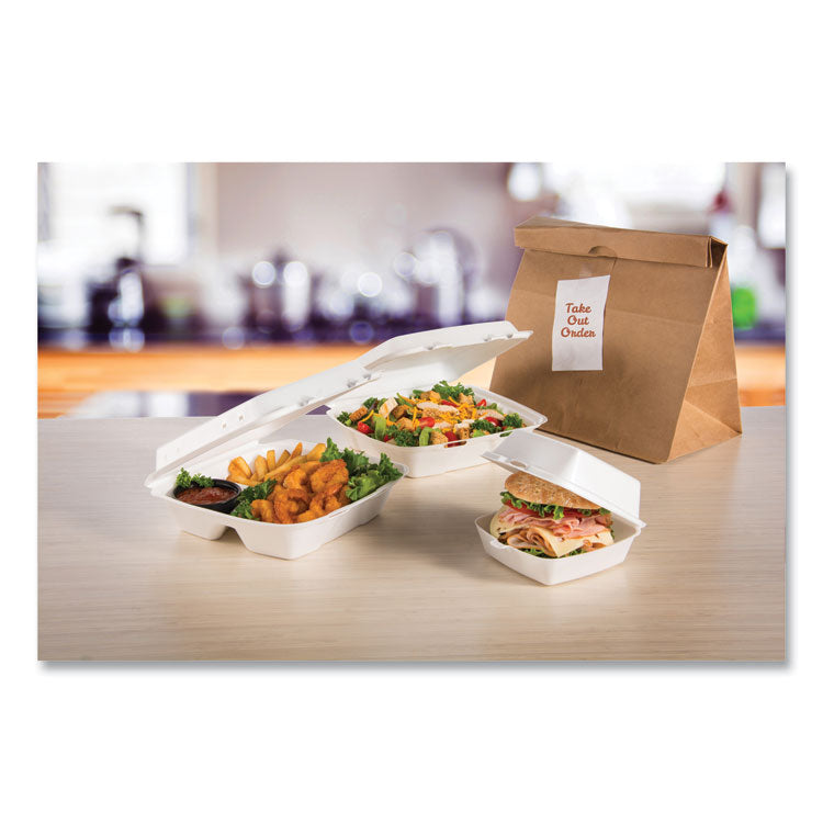 Foam Hinged Lid Containers, 3 Compartments, 9.25 x 9.5 x 3, White, 100/Sleeve, 2 Sleeves/Carton