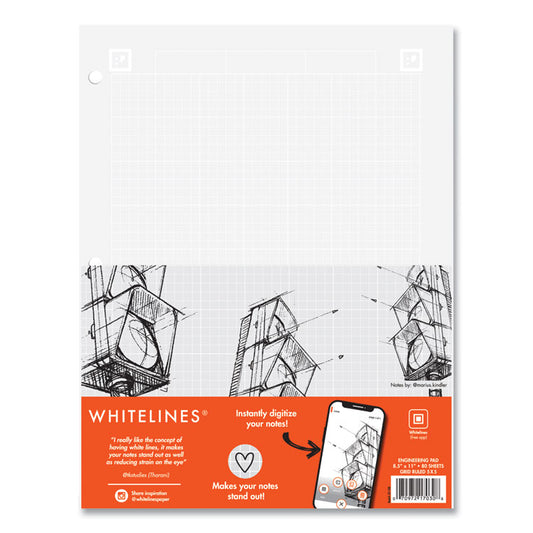 Whitelines Engineering Pad, Quadrille Rule (5 sq/in), (80) Gray 8.5 x 11 Sheets, 24/Carton
