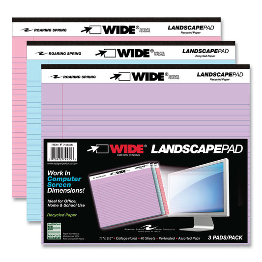 WIDE Landscape Format Writing Pad, Medium/College Rule, (40) Assorted Color 11 x 8.5 Sheets, 12/Carton