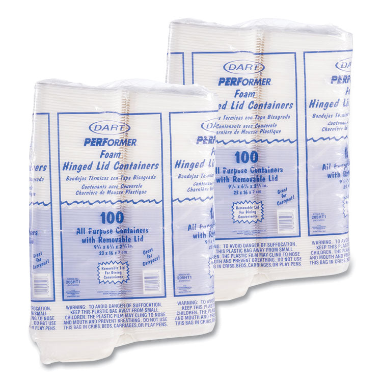 Foam Hinged Lid Containers, 6.4 x 9.3 x 2.9, White, 100/Pack, 2 Packs/Carton