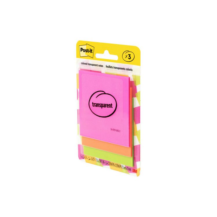 Transparent Notes, 2.88" x 2.88", Assorted Colors, 36 Sheets/Pad, 3 Pads/Pack